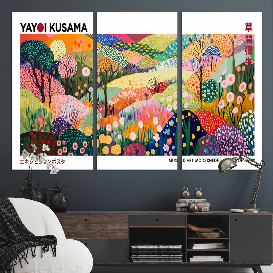 The Framed Yayoi Kusama 1986 Wall Art Print enhances the space.