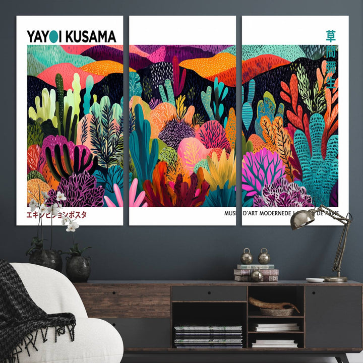 Yayoi Kusamas vibrant abstract landscape print.