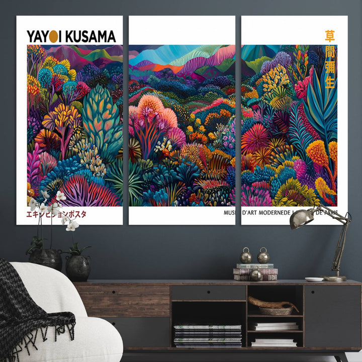 A framed Yayoi Kusama print hangs on the wall.