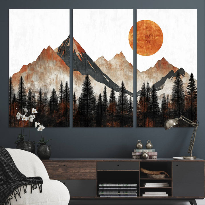 The "Modern Abstract Mountain Canvas Wall Art Print" in the living room features an abstract landscape of mountains, trees, and a warm-toned sun.