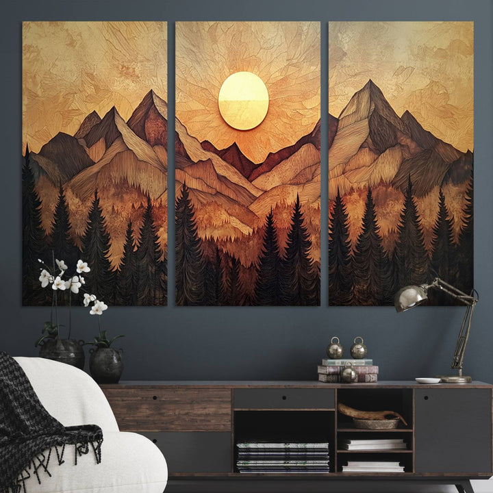 The dining area features a Wood Style Abstract Mountain Sunset canvas wall art print.