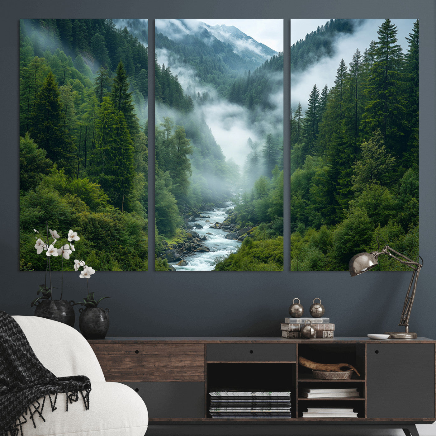 MGV-CV-48X32-3P - Mountain Forest River Canvas Wall Art Print - Serene Nature Landscape for Living Room, Office, or