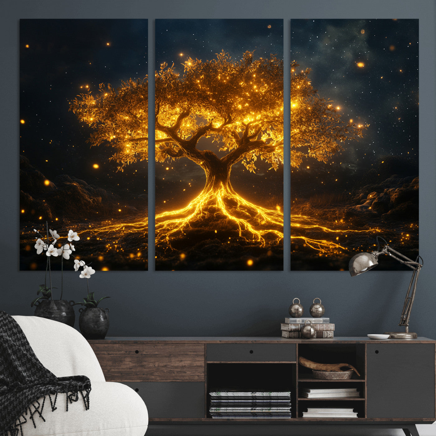 MGV-CV-48X32-3P - Golden Tree of Life Canvas Wall Art Print - Majestic Glowing Tree Design for Living Room, Office, or