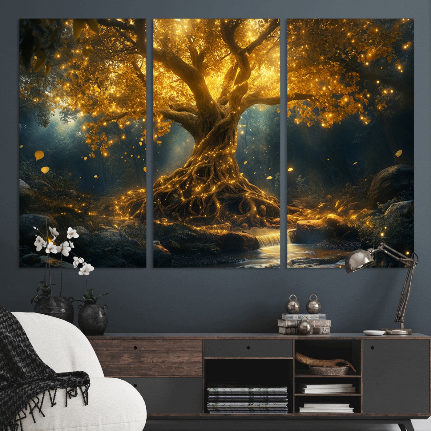MGV-CV-48X32-3P - Golden Tree of Life Canvas Wall Art Print - Majestic Glowing Tree Wall Art Print