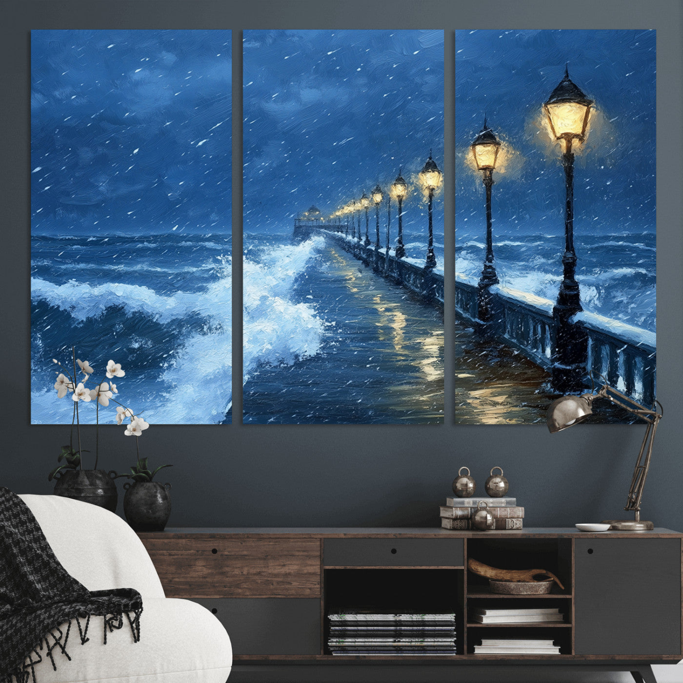 MGV-CV-48X32-3P - Stormy Ocean Pier Lights Canvas Wall Art Print - Large Moody Night Scene for Living Room, or Office,