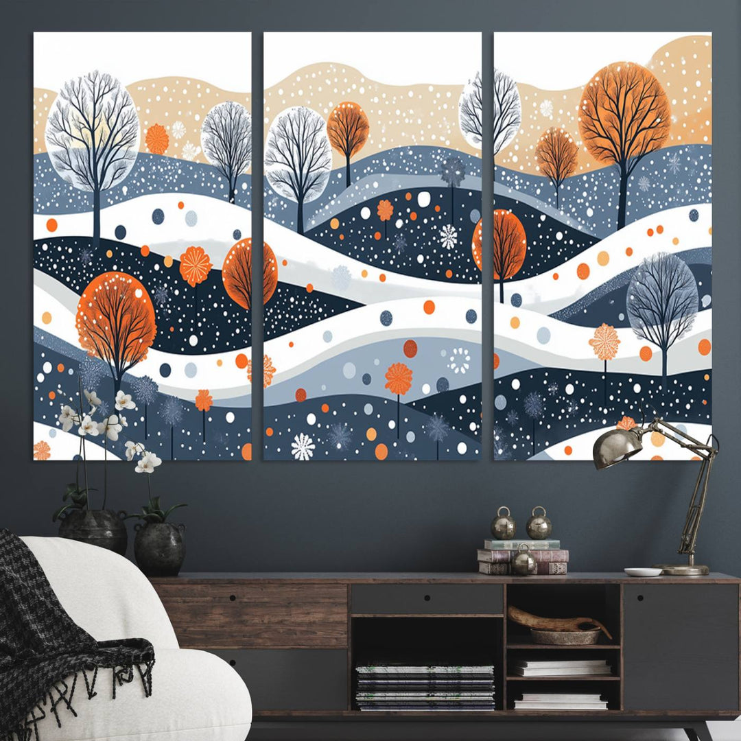 The "Abstract Winter Landscape Canvas Wall Art Print," featuring a triptych of landscapes with trees and hills in vibrant orange, white, and blue hues, adds a gallery-quality finish that transforms the space into an art lover's dream.