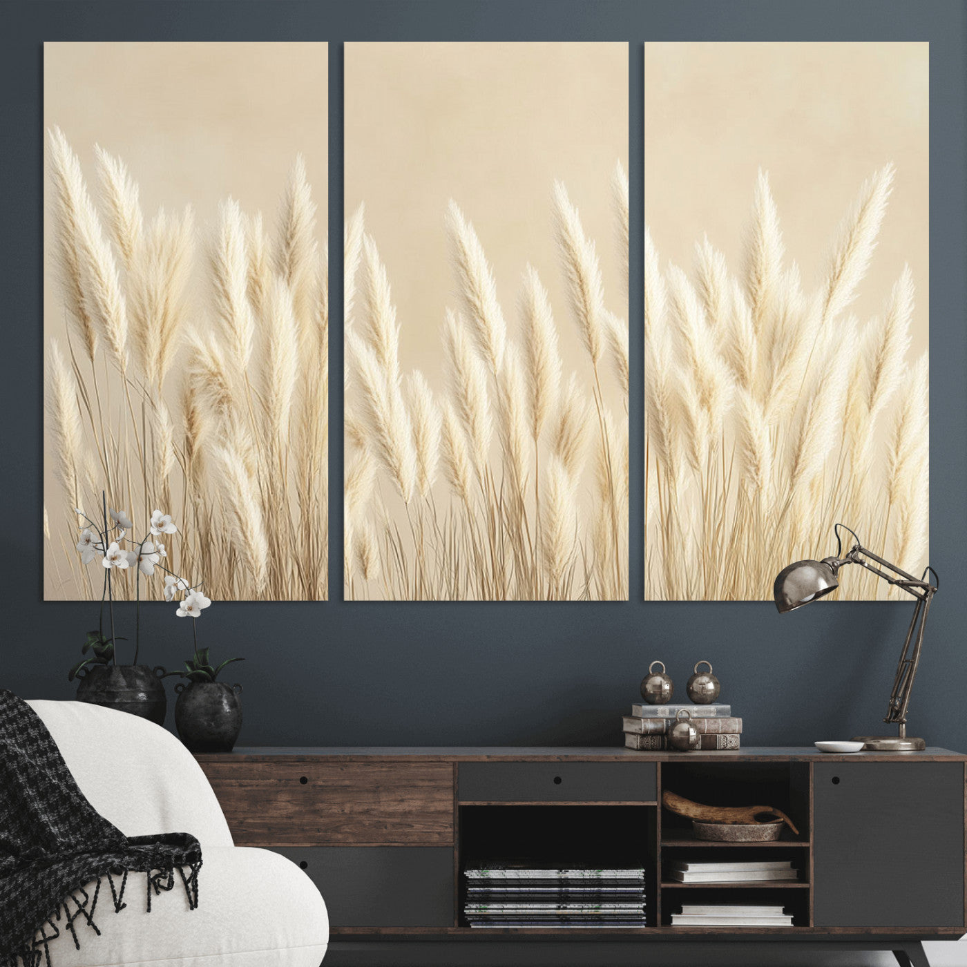 MGV-CV-48X32-3P - Grass Wall Art Print - Elegant Neutral Decor for Living Room, Boho Minimalist Artwork, Ready to Hang