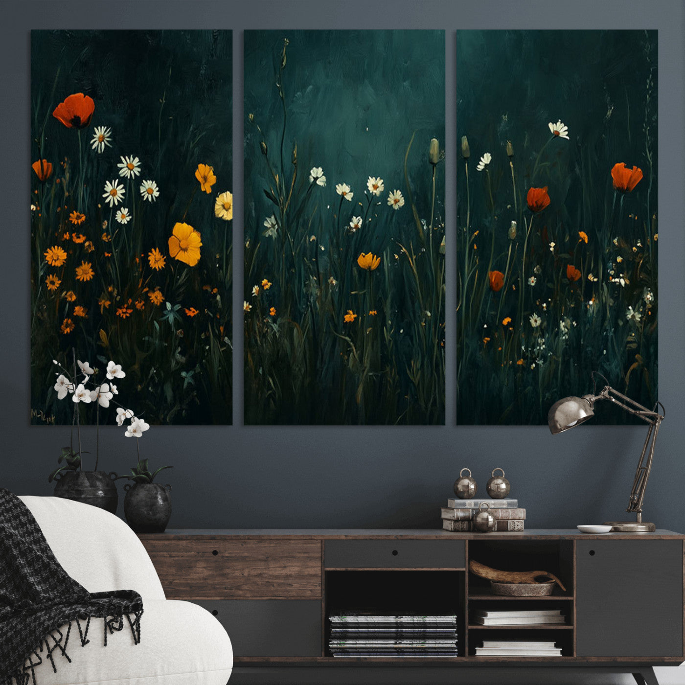 MGV-CV-48X32-3P - Framed Wildflower Field Wall Art, Framed Vintage Botanical Landscape Sign, Floral Decor, Modern