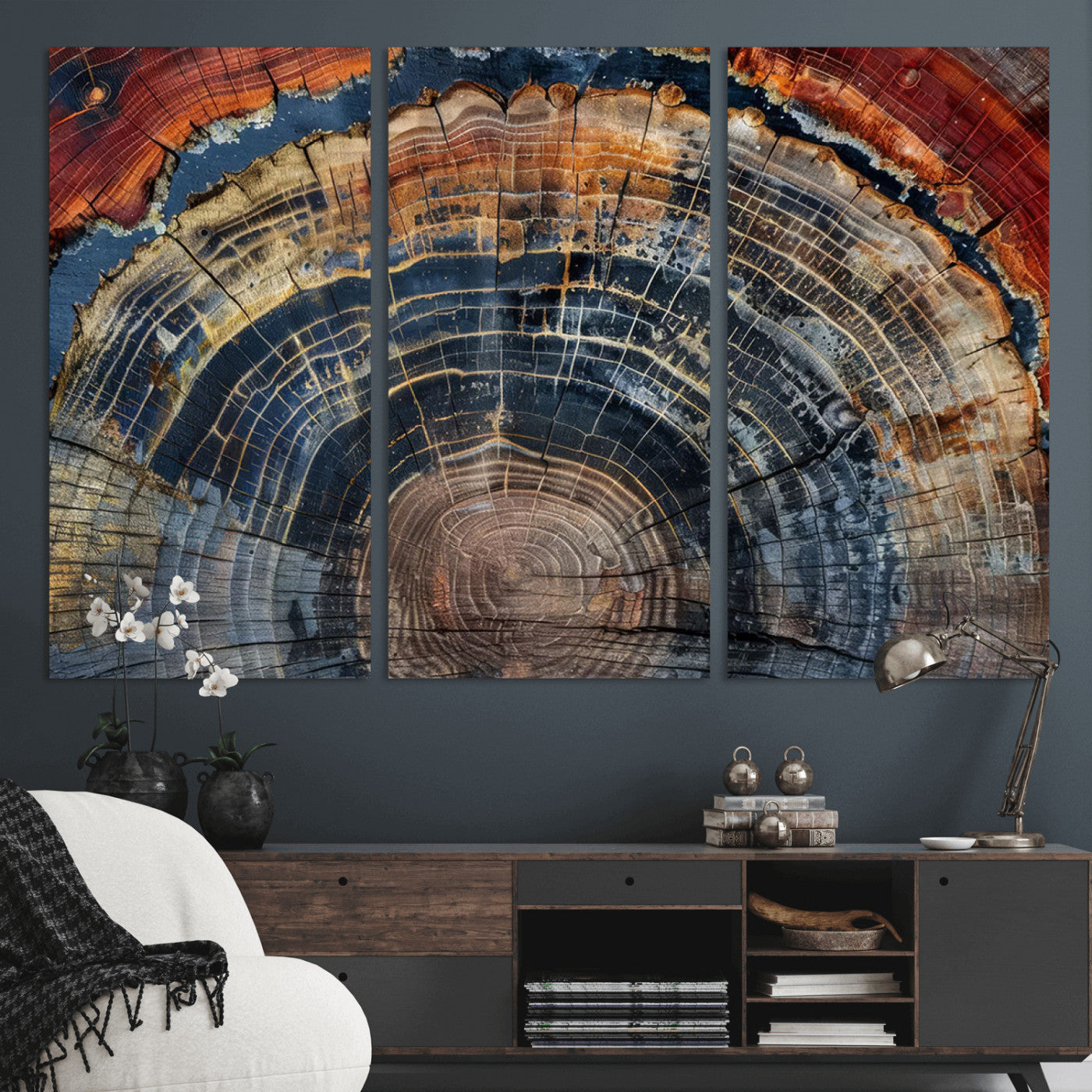MGV-CV-48X32-3P - Abstract Tree Ring Wall Art, Colorful Framed Tree Ring Wall Decor, Minimalist Home Canvas Art,
