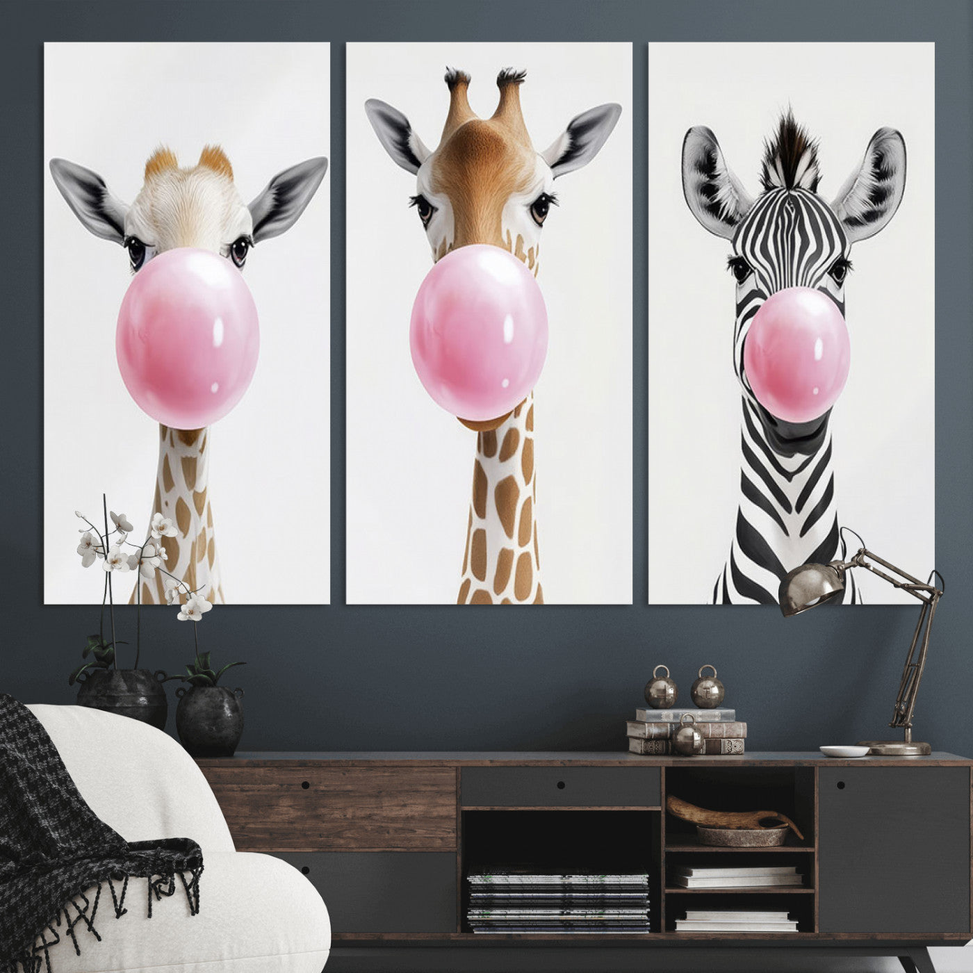 MGV-CV-48X32-3P - Bubblegum Animals Canvas Wall Art - Playful Giraffe and Zebra Trio, Fun Nursery Decor for Kids'