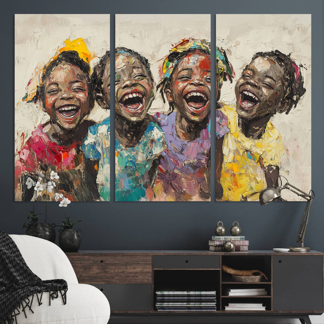 The Shai Yossef style "Joyful Childhood Canvas Wall Art" beautifully depicts an expressive impasto painting of three cheerful black children laughing, capturing the joyous essence of childhood.