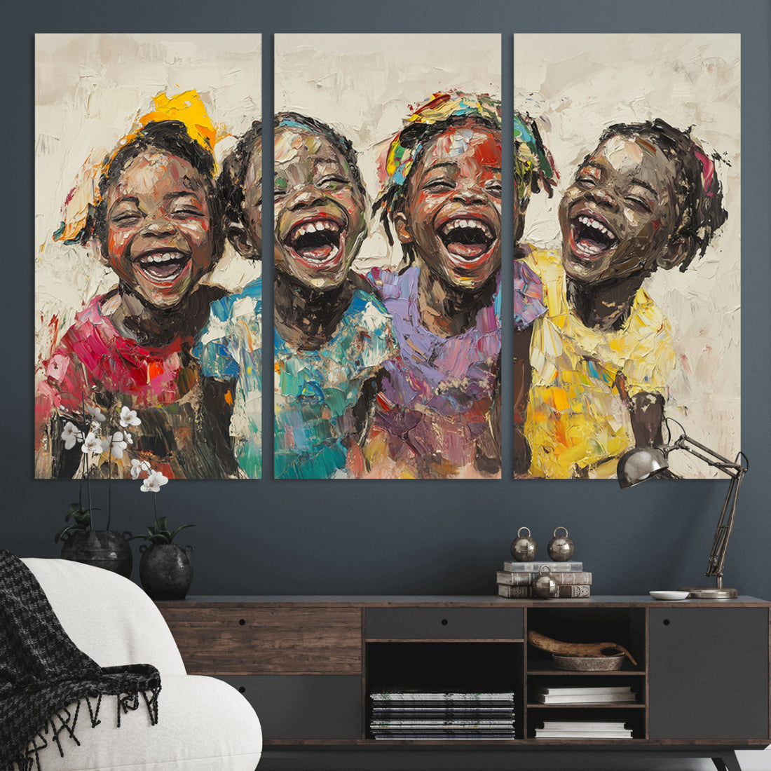 Shai Yossef Style Joyful Childhood Canvas Wall Art, Expressive Painting of Laughing Black Children