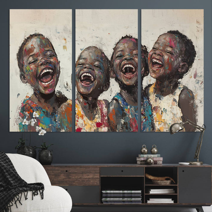 This Shai Yossef Print - Joyful Childhood Canvas Wall Art is an expressive impasto painting of laughing children. As framed abstract art for your living room, it adds a touch reminiscent of Shai Yossef's unique style to any living space.