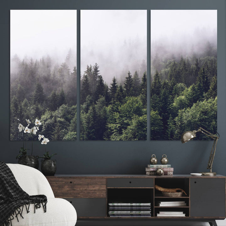 A serene triptych nature print featuring a misty forest, perfect as wall art.