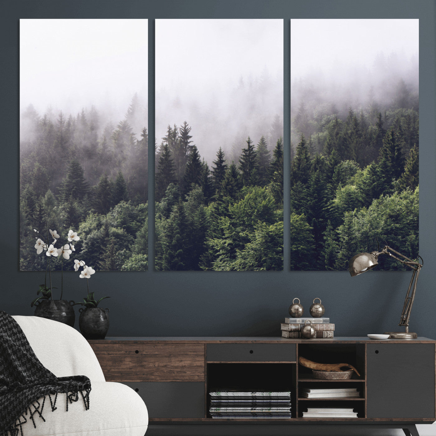 MGV-CV-48X32-3P - Misty Forest Wall Art | Foggy Forest Canvas Print | Large Nature-Inspired Misty Tree Landscape for