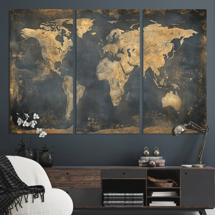 Grunge World Map Canvas Wall Art - Vintage Aged World Map with Golden Tones, Framed Artwork for Living Room, Office, or Study Decor