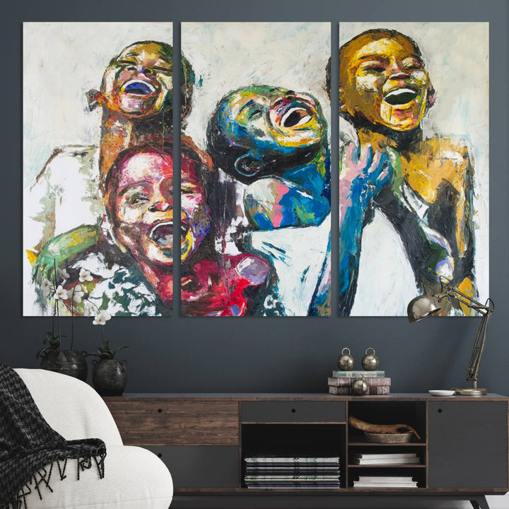 A vibrant Shai Yossef canvas art of joyful kids hangs prominently.