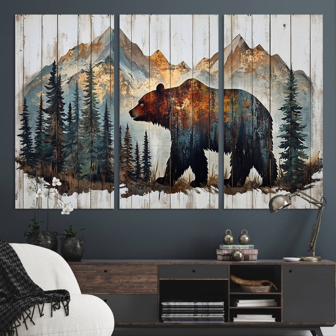 The living room features Rustic Grizzly 399 bear wall art, adding a cozy touch to the setup.