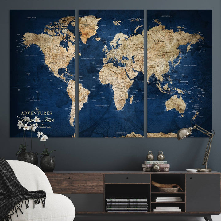 A Personalized Custom World Map Canvas Print on blue hangs prominently.