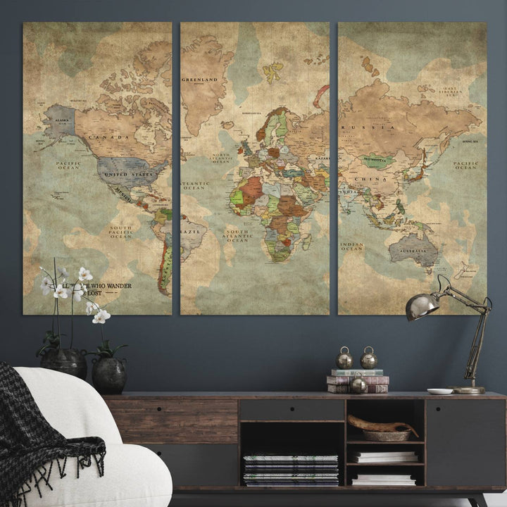 A Personalized World Map Canvas Print in vintage style enhances the setting with its artistic charm.