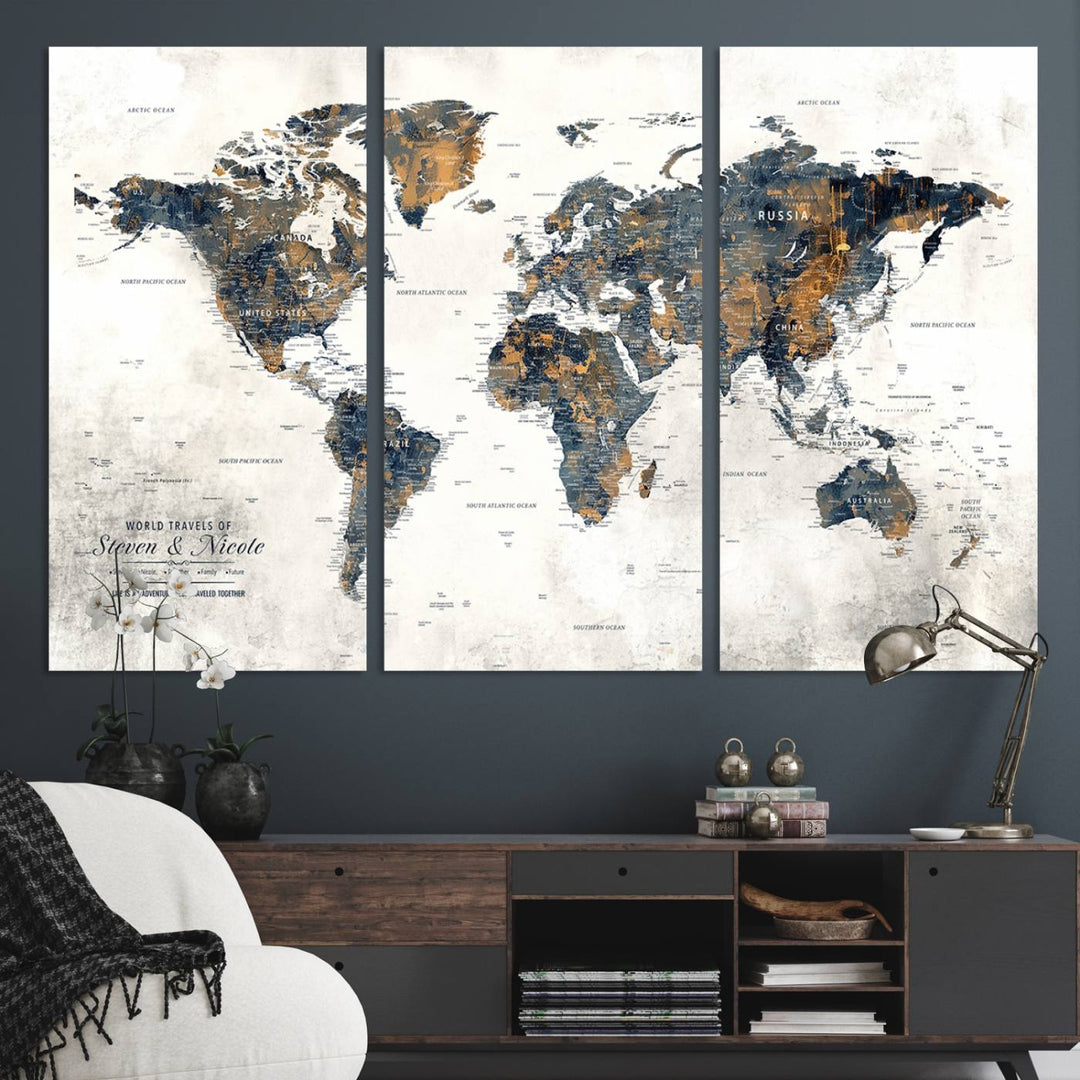 A smiling woman proudly holds the Personalized Push Pin Map Wall Art Print - Detailed Custom World Map Canvas Print in front of a white wall, perfect for travel enthusiasts eager to mark their adventures.