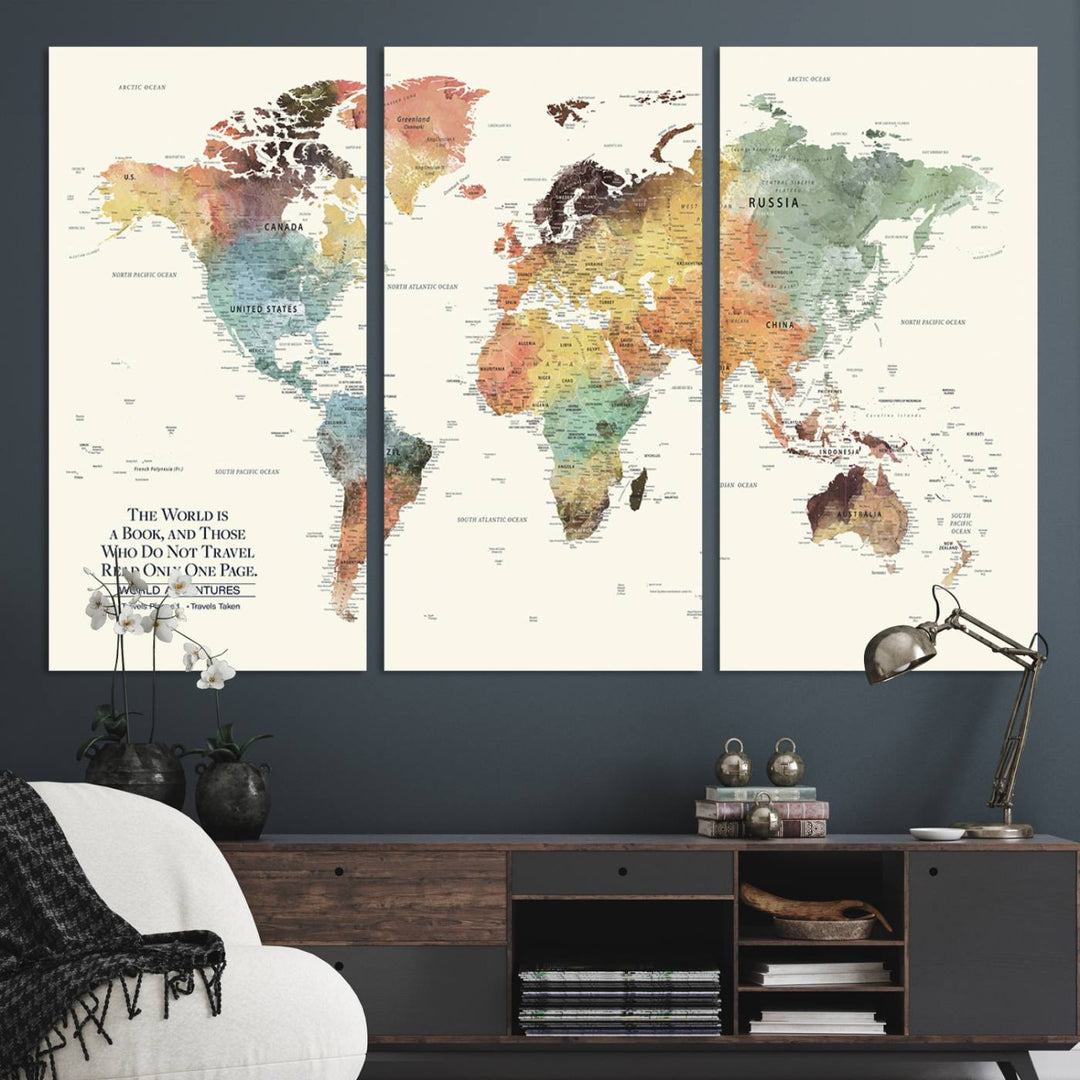 A colorful Personalized World Map Canvas Print, ideal as wall art for living room or office.