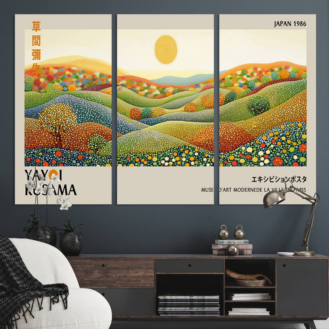 The Yayoi Kusama Wabi Sabi Japanese Wall Art Print features a vibrant landscape with dots, sun, and mountains.