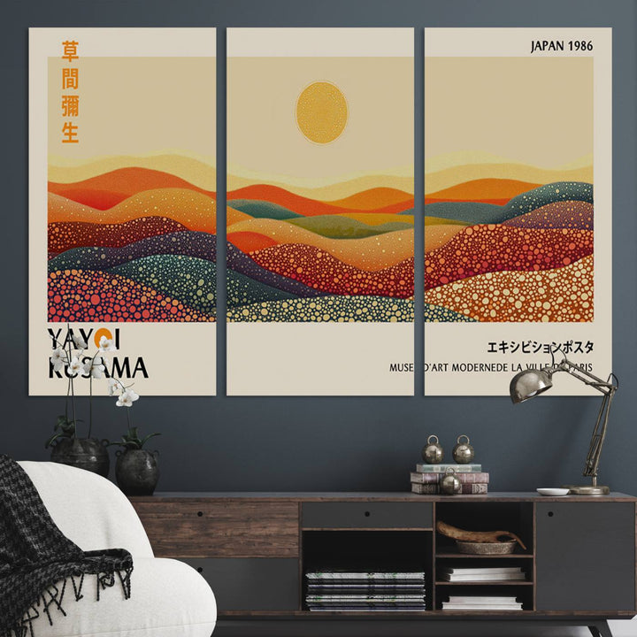 A Yayoi Kusama Wabi Sabi Japanese Wall Art Print features a vibrant, abstract landscape on canvas.