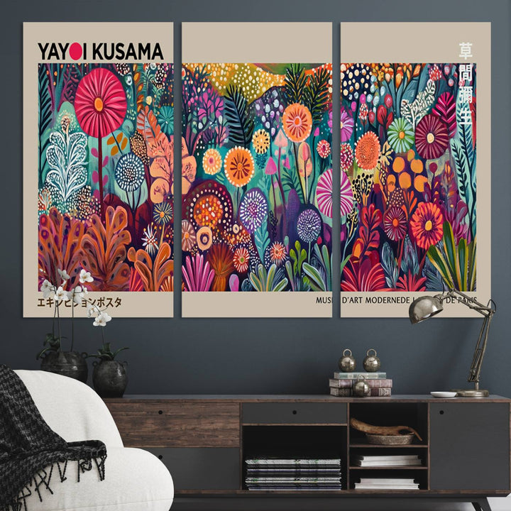 A vibrant Yayoi Kusama Wall Art Canvas Print is held on a porch.