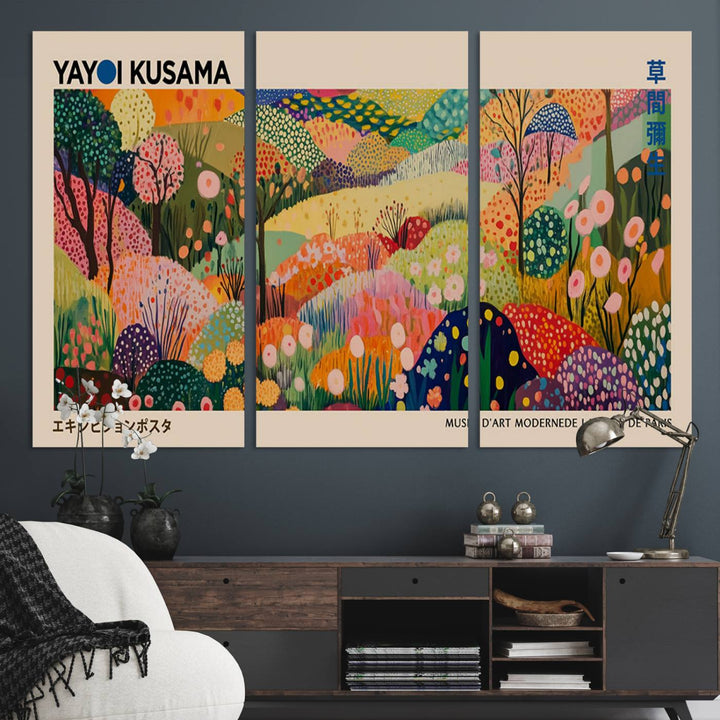 A framed Yayoi Kusama Wall Art Canvas Print features a vibrant abstract landscape adorned with flowers.