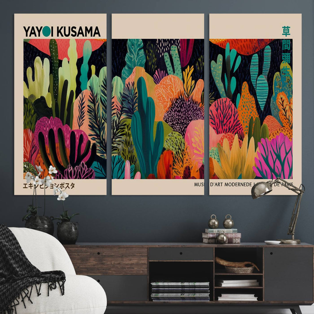 The vibrant canvas print of wall art features abstract plants, with the elegant text "Yayoi Kusama Wall Art Canvas Print" displayed on the colorful frame.