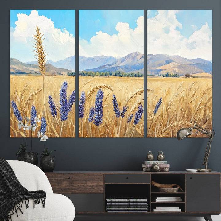 Abstract Wheat Field Wall Art, featuring a scenic landscape canvas print of golden wheat and lavender, adds charm to any farmhouse or rustic decor.