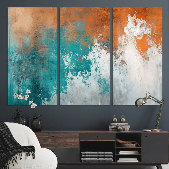 Vintage Abstract Print - Bold Teal and Orange Canvas Wall Art - Retro-Vintage Abstract Orange Canvas for Modern Decor