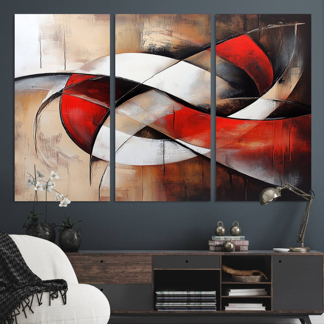 In a contemporary living room, the sunlight casts artistic shadows and highlights an abstract triptych wall art featuring bold red and white geometric shapes.