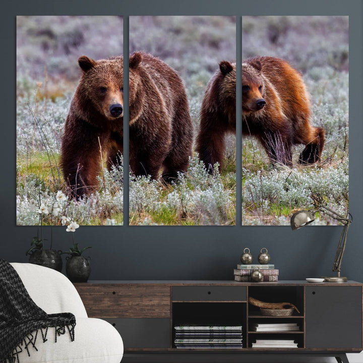 The "Grizzly 399 in Wild Flowers" wall art canvas print, showcasing grizzly bears amidst vibrant wildflowers, elegantly captures the enchanting essence of nature. This handmade piece from the USA brings striking beauty to any space.