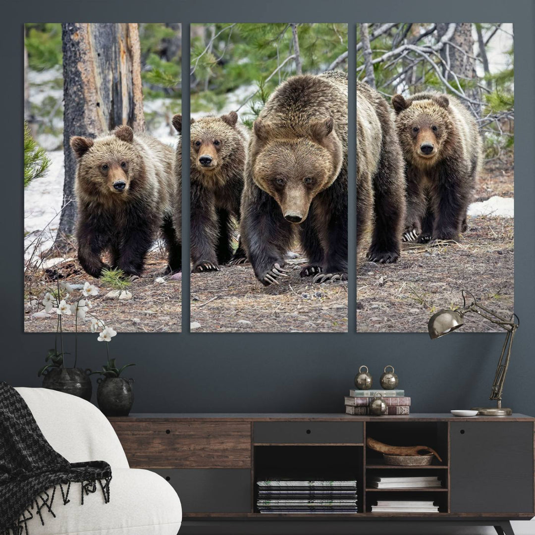 The wall art, a breathtaking canvas print titled "Queen of the Tetons," features 399 Grizzly Bear Cubs majestically captured in a forest setting. It is printed on premium canvas and handmade in the USA.