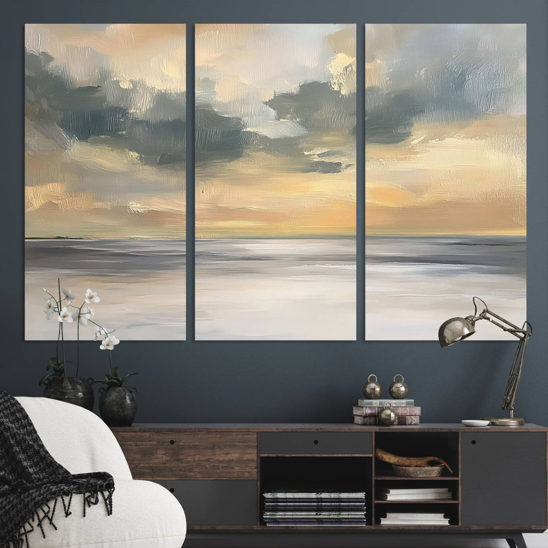 The Modern Coastal Wall Art Canvas Print features vibrant abstract ocean waves and clouds.