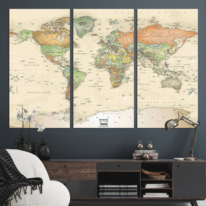 The Large Push Pin World Map Wall Art Canvas Print, with a gallery-quality finish, is carefully crafted on premium canvas and handmade in the USA. This piece adds a touch of elegance to any space.