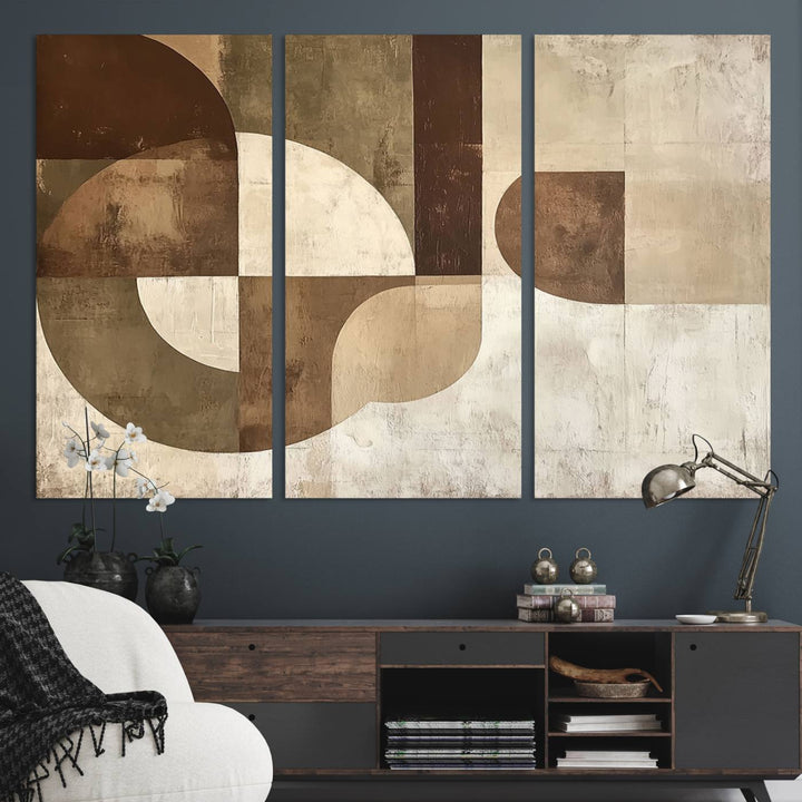 A Wabi Sabi Geometric Minimalist Wall Art Canvas Print—with a modern abstract geometric design in brown and beige tones—stands proudly in front of a house.