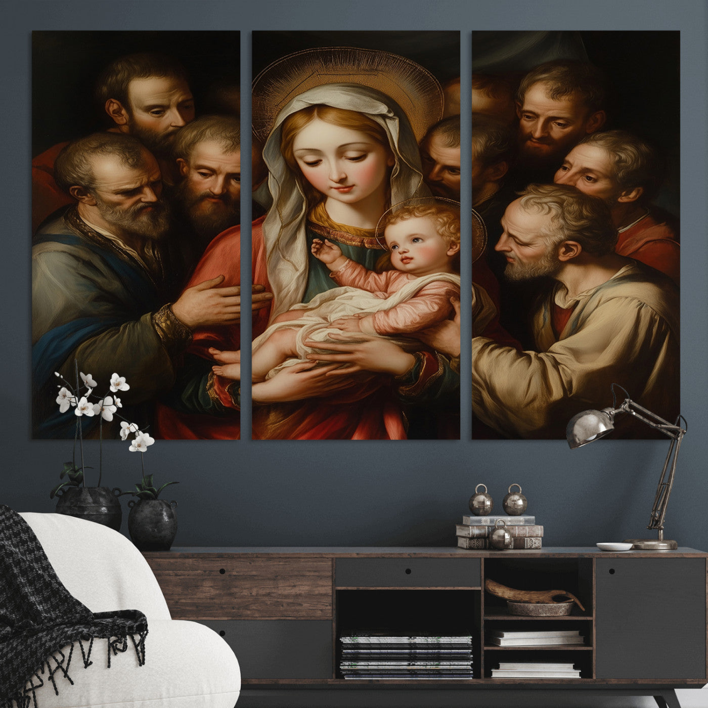 MGV-CV-48X32-3P - Religious Canvas Wall Art Print - Madonna and Child with Apostles Art Print - Classic Christian