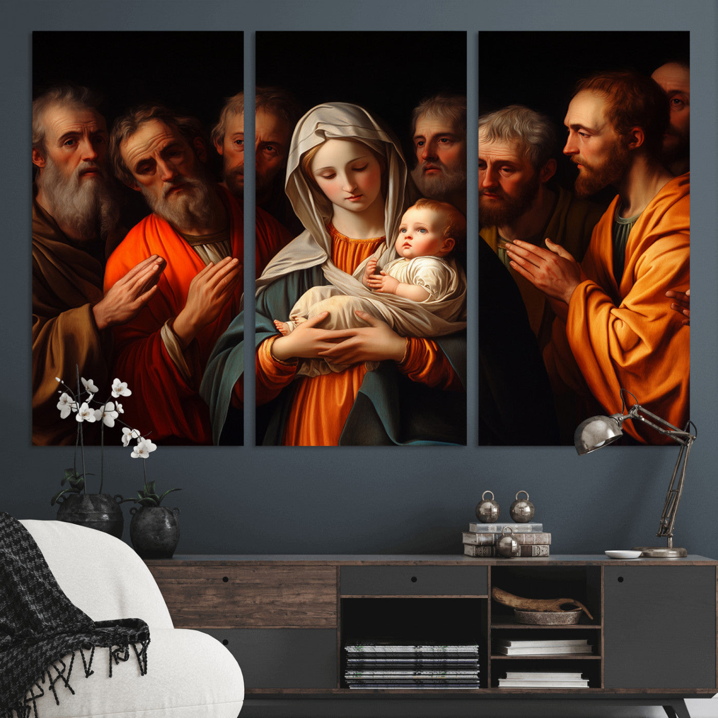 MGV-CV-48X32-3P - Religious Canvas Wall Art Print - Madonna and Child with Apostles Art Print - Classic Christian