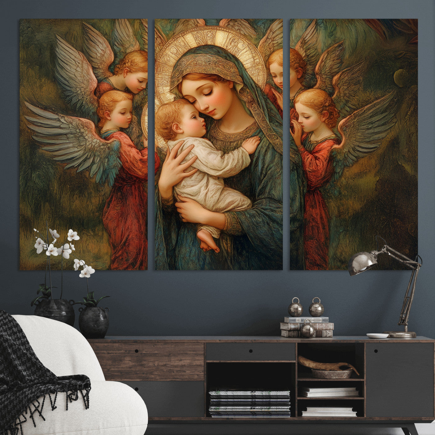 MGV-CV-48X32-3P - Mary Jesus Canvas Wall Art Print - Madonna and Child with Angels Art Print - Classic Christian