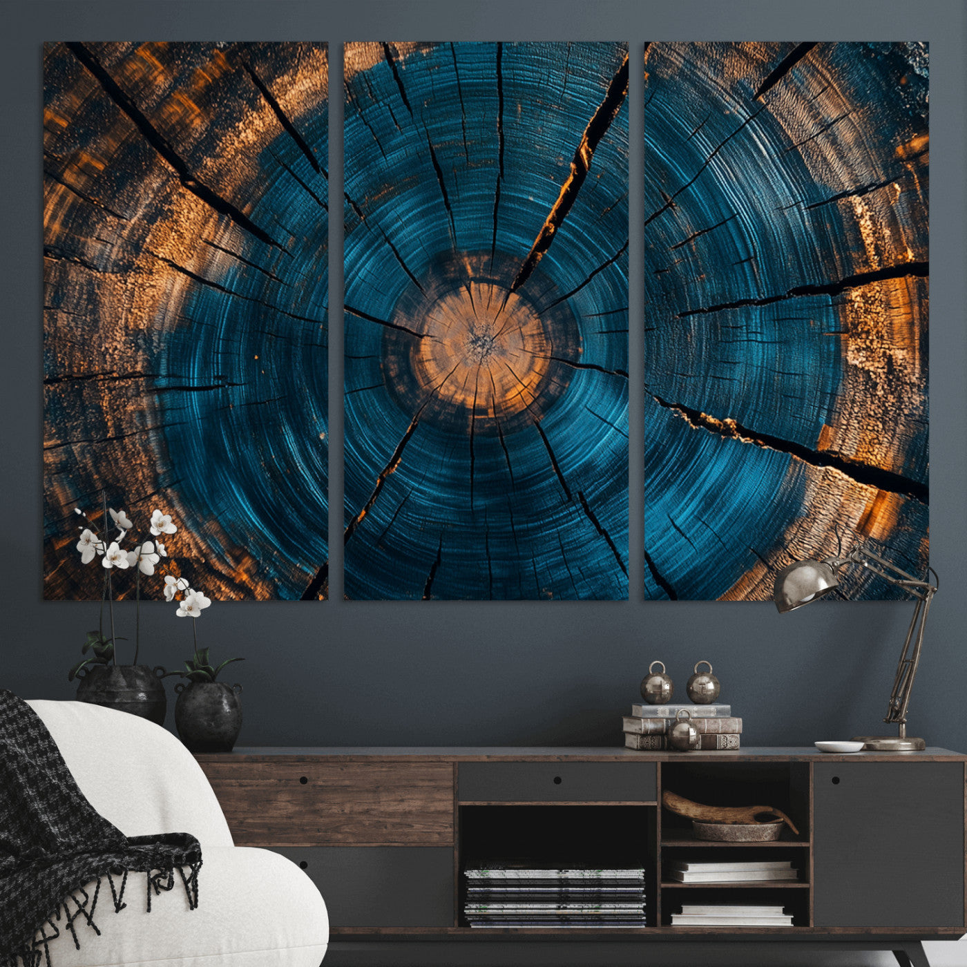 MGV-CV-48X32-3P - Abstract Tree Rings Wall Art Canvas Print - Wood Grain Rings Artwork Print - Nature Woodland Modern