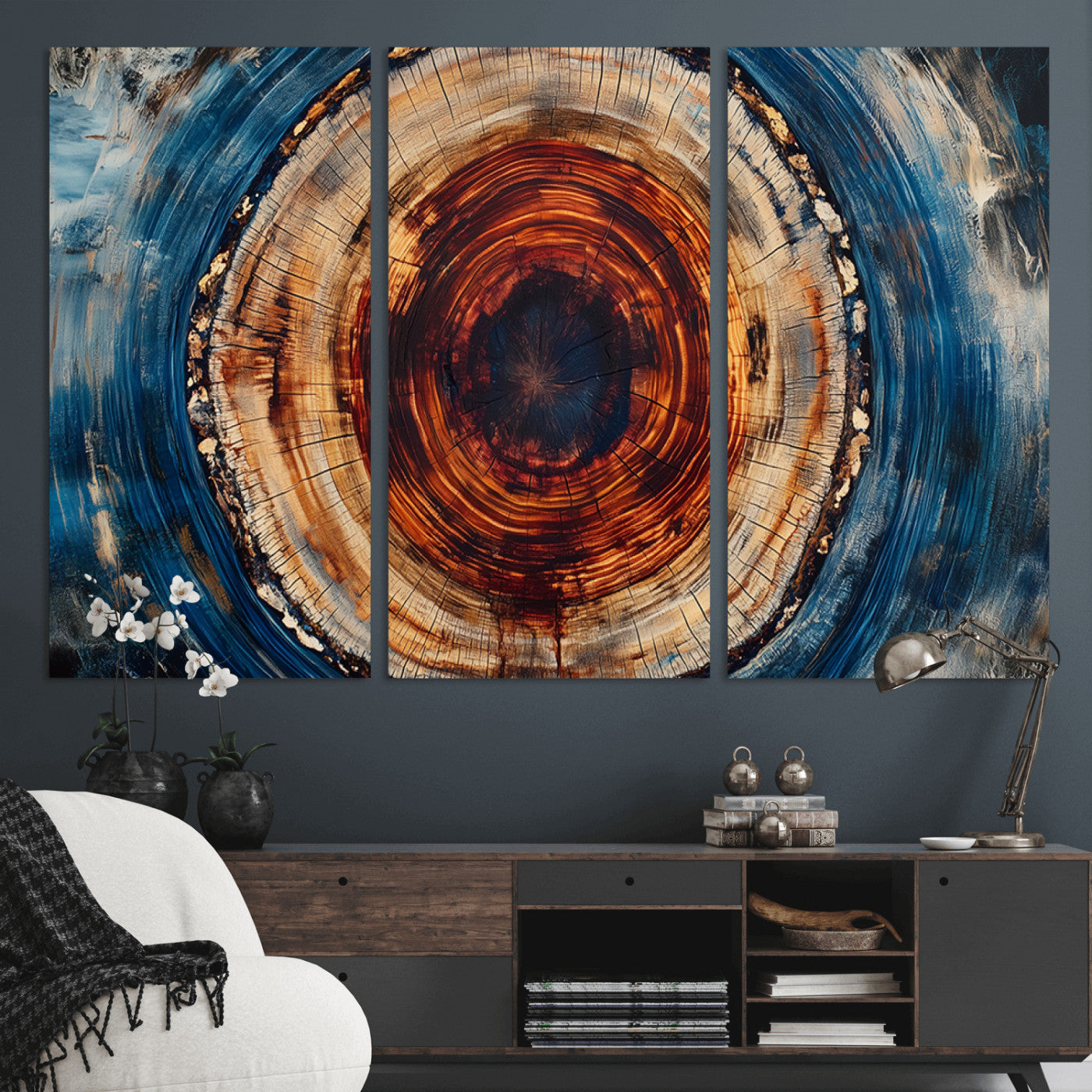 MGV-CV-48X32-3P - Abstract Framed Tree Rings Wall Decor, Wood Grain Rings Artwork Print, Nature Woodland Modern Wall