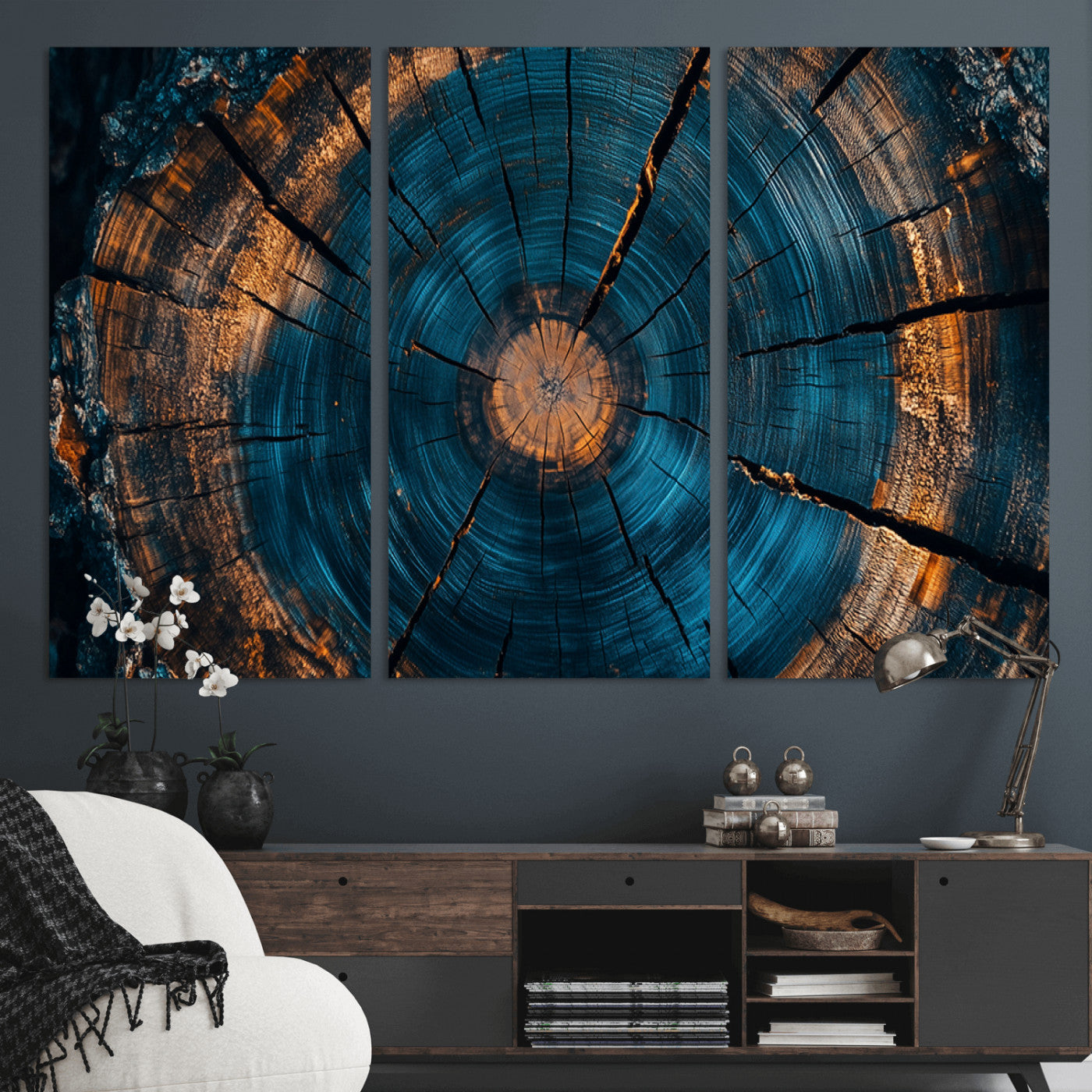 MGV-CV-48X32-3P - Farmhouse Wall Art - Abstract Tree Rings Canvas Wall Art Print, Framed Wood Grain Rings Artwork