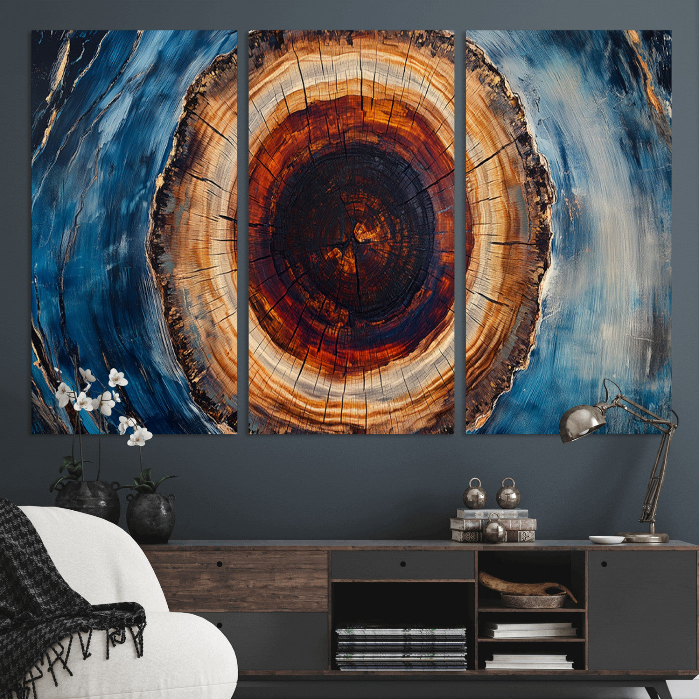 MGV-CV-48X32-3P - Framed Abstract Tree Ring Wall Art Print, Natural Rustic Wood Texture Canvas Print, Wood Tree Stump