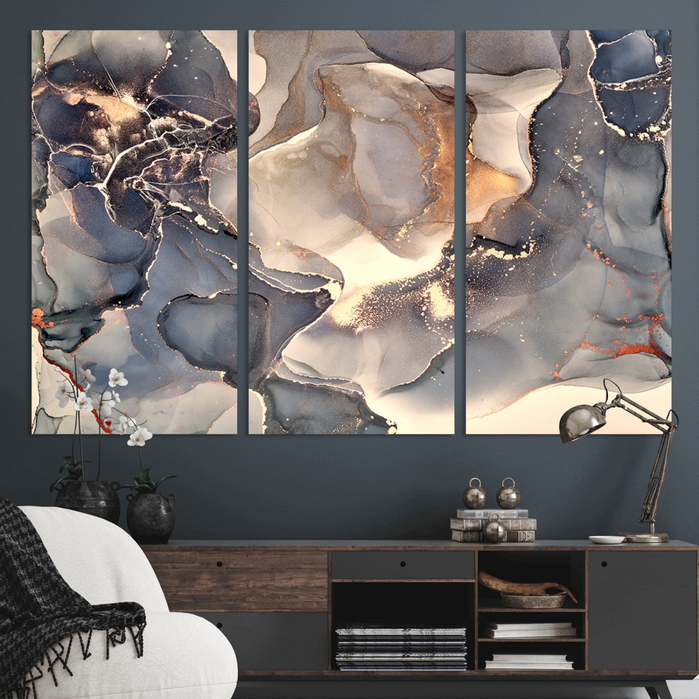 MGV-CV-48X32-3P - Abstract Blue and Gold Wall Art - Fluid Ink Artwork - Modern Luxury Wall Decor for Contemporary