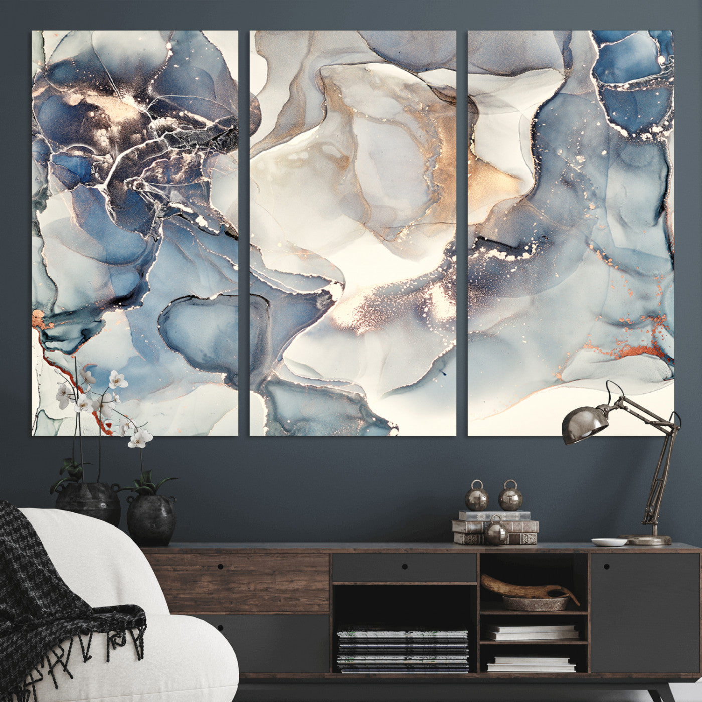 MGV-CV-48X32-3P - Abstract Blue and Gold Canvas Wall Art - Fluid Ink Artwork - Modern Luxury Wall Decor for Contemporary Interiors