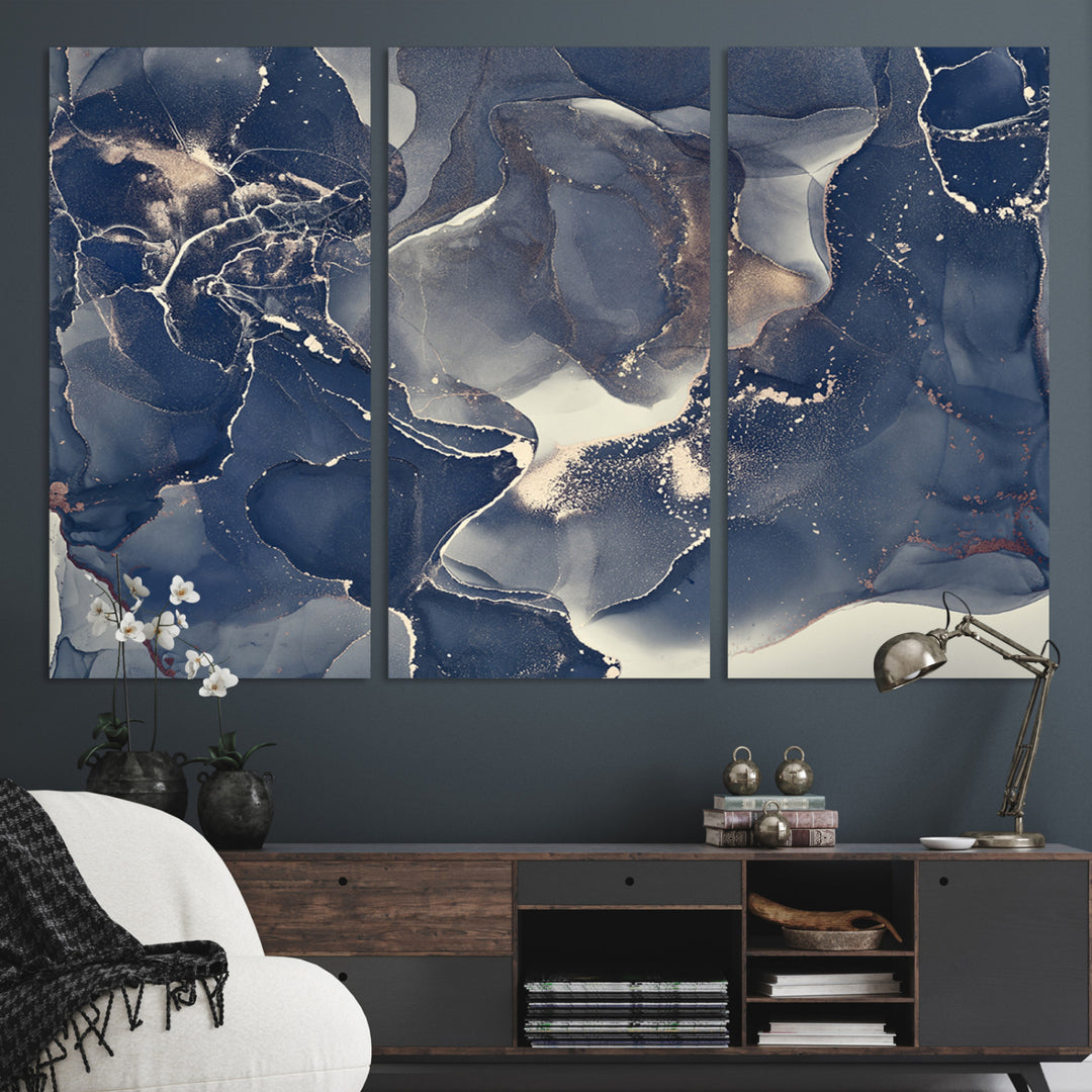Large Abstract Blue and Gold Canvas Wall Art | Fluid Ink Artwork Print | Luxury Wall Decor for Contemporary Interiors | Framed Ready to Hang
