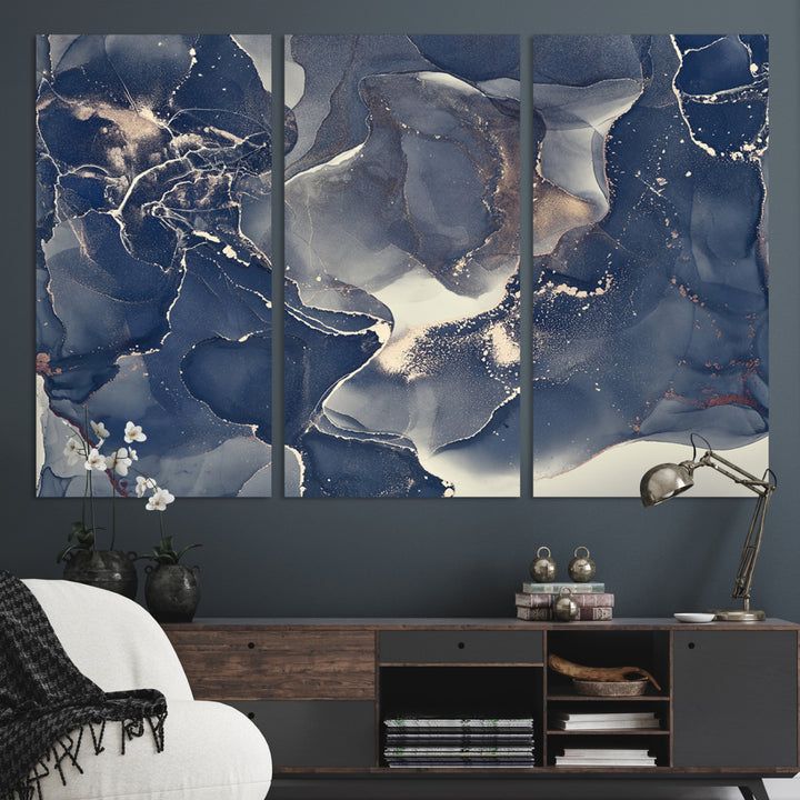 Large Abstract Blue and Gold Canvas Wall Art | Fluid Ink Artwork Print | Luxury Wall Decor for Contemporary Interiors | Framed Ready to Hang